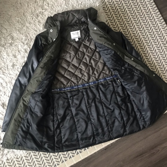 Nautica Jackets & Coats Nautica Army Green Leather Hooded Coat